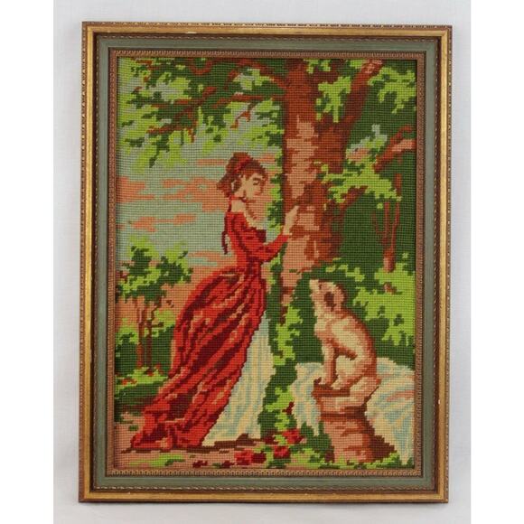 Fragonard The Souvenir Finished Needlepoint Framed French Victorian Lady & Dog - Picture 9 of 10